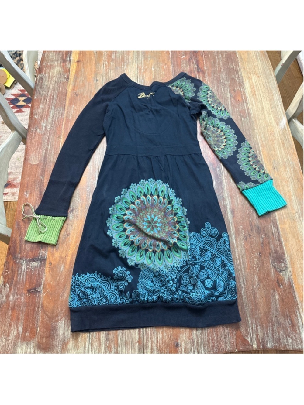 Desigual Navy Mandala Dress Sequin Glitter Mismatched Cuff Size Small - Picture 13 of 13